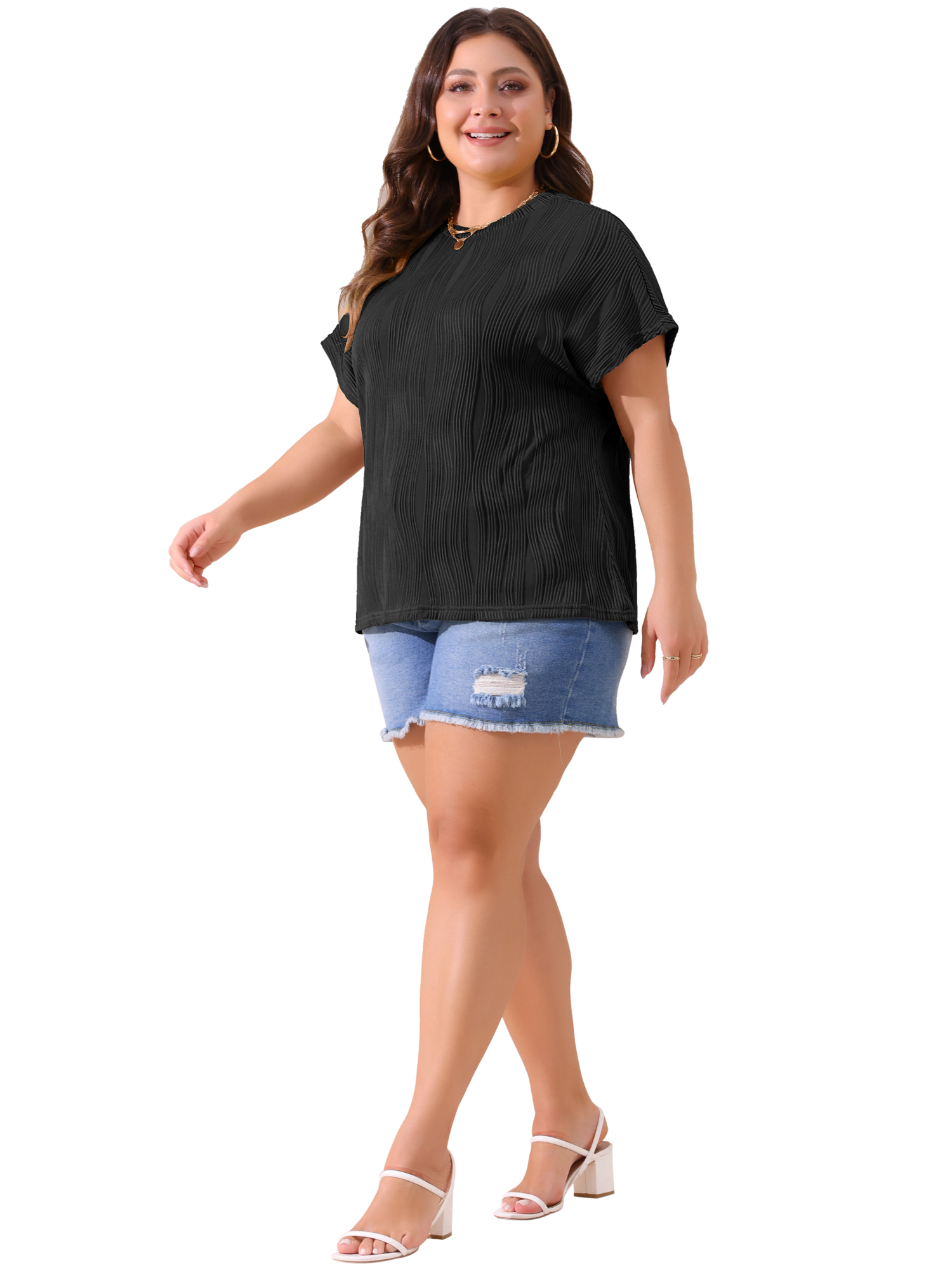 Women's Plus Women's Short Sleeve Textured Tops Crewneck Casual T Shirts 4X Black