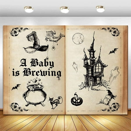 Image of Haunted House Books Backdrop for Witch Magic Theme A Baby is Brewing Party Supplies Photography Banner Halloween Baby Shower Decorations Photo Background Photoshoot