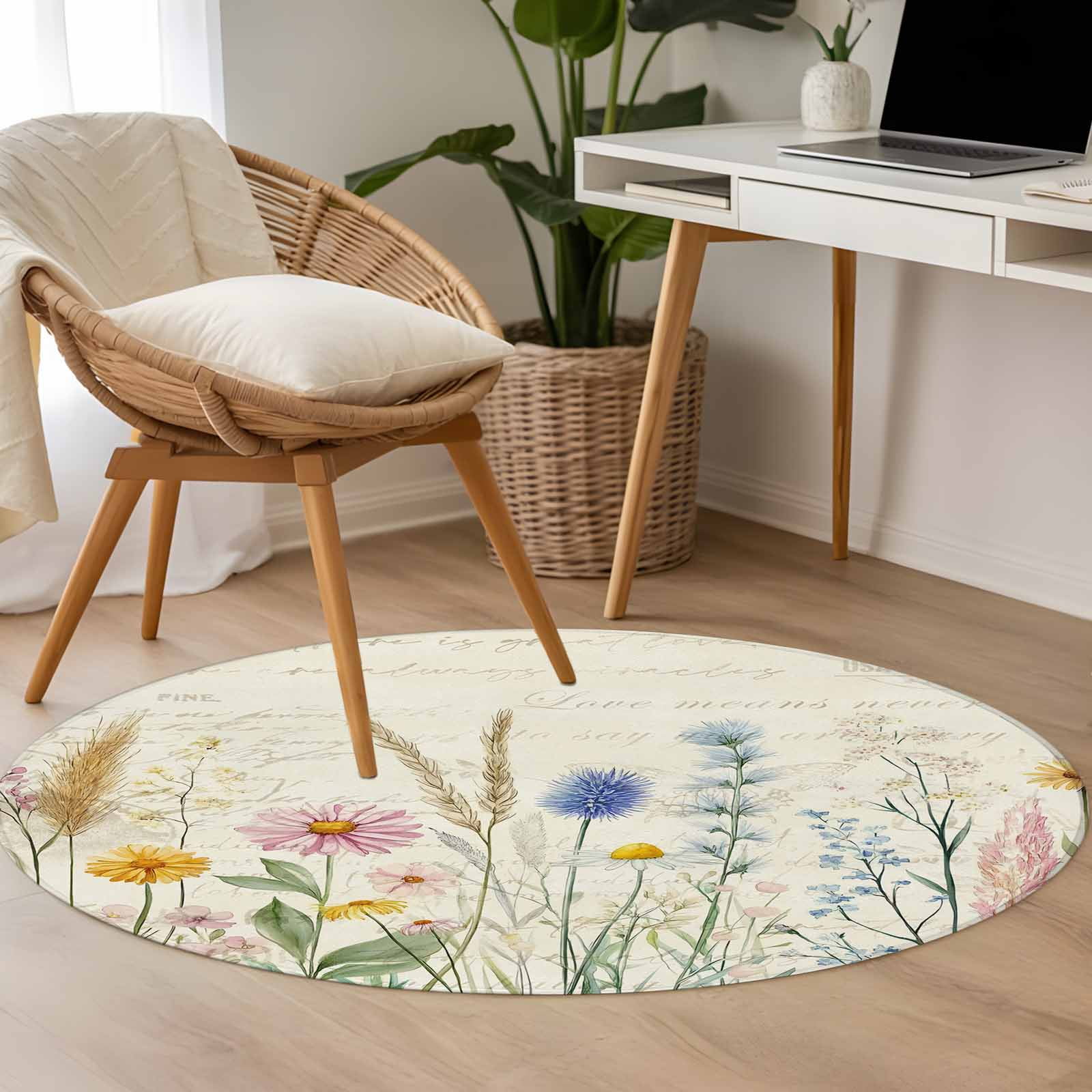 Spring Floral Round Rugs 4ft, Summer Farmhouse Vintage Botanical Non Slip Washable Rug Runner, Low Pile Indoor Floor Carpet Mat Bathroom Rugs for Living Room, Bedroom, Kids Room
