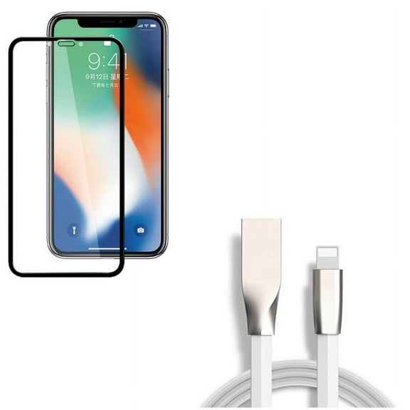 USB Cable w Screen Protector for iPhone XR - 6ft Flat Charger Cord Power, Anti-Glare Tempered Glass Matte 3D