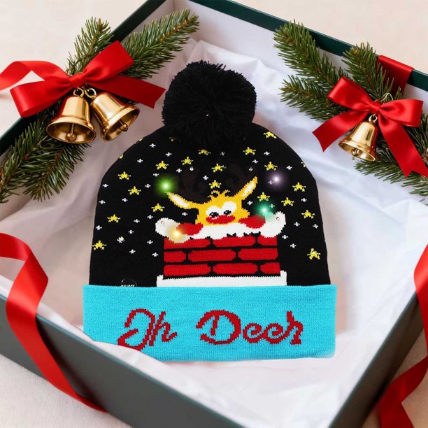 Gorro Navideño Led de Moda para Invierno, Gorro de Papá Noel con Bolas de Pelo, Gorro de Punto, Gorro de Lana Cálido con Protección para Los Oídos, Imprescindible para Decoraciones Navideñas.