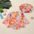thumbnail image 2 of Baby Girls Romper Swimwear Long Sleeve Floral/Shell Print Bathing Suit with Hat, 2 of 7