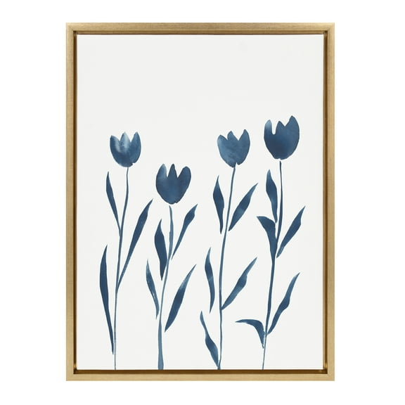 Kate and Laurel Sylvie Indigo Tulips on White Framed Canvas Wall Art by Teju Reval of SnazzyHues, 18x24 Gold, Floral Art for Wall