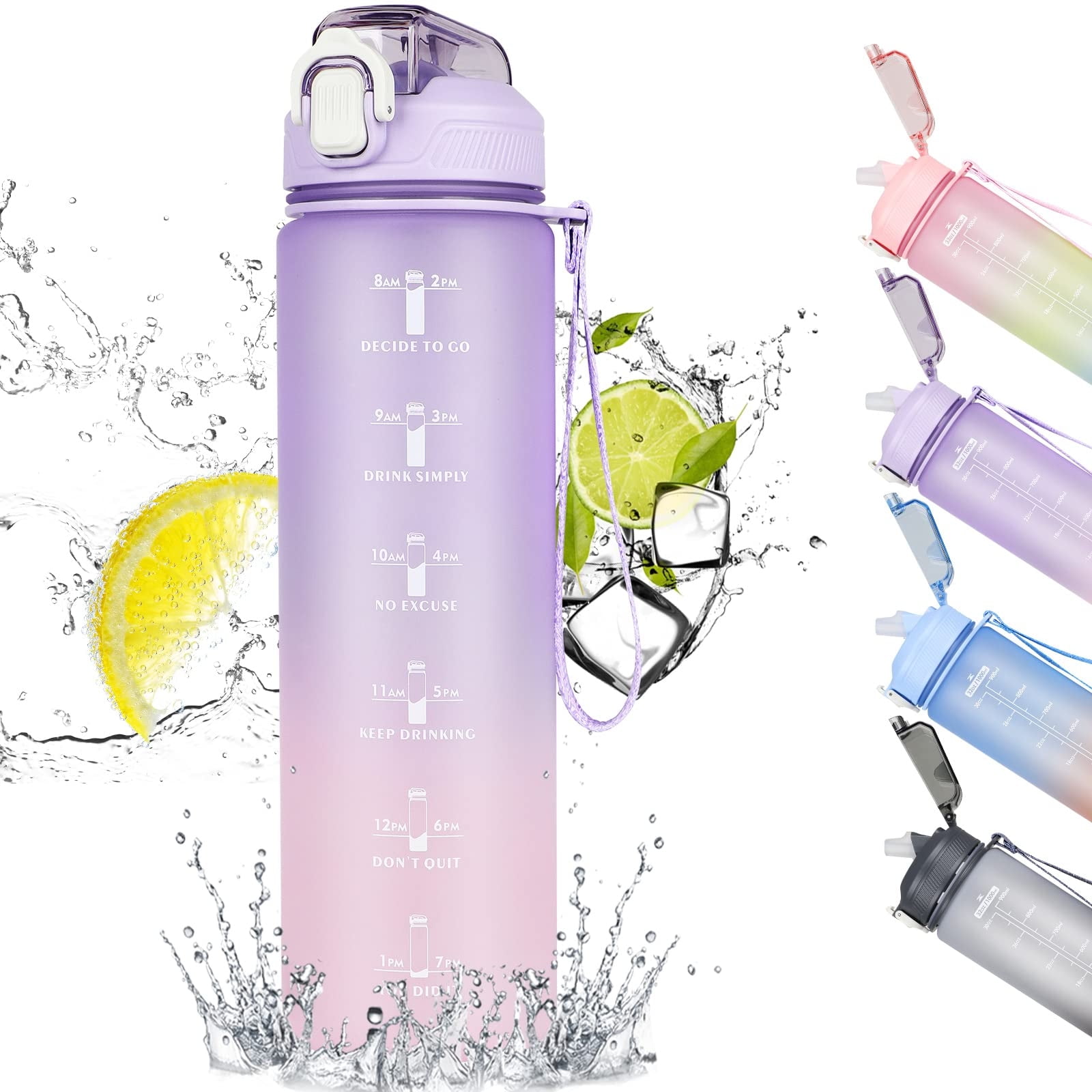 DanceeMangoo 1L Large Straw Water Bottle for Girls Plastic Frosted Water  Cup Portable Sports Bottle with Time Mark Outdoor Fitness Water Jug 