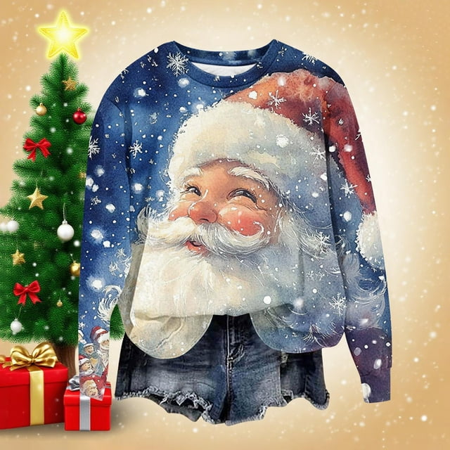 YOIAVAIOY Chandails en Molleton de Noël Grande Taille pour Femmes Père Noël Impression 3D Chandail Col Rond Manches Longues Chandail en Molleton de Noël