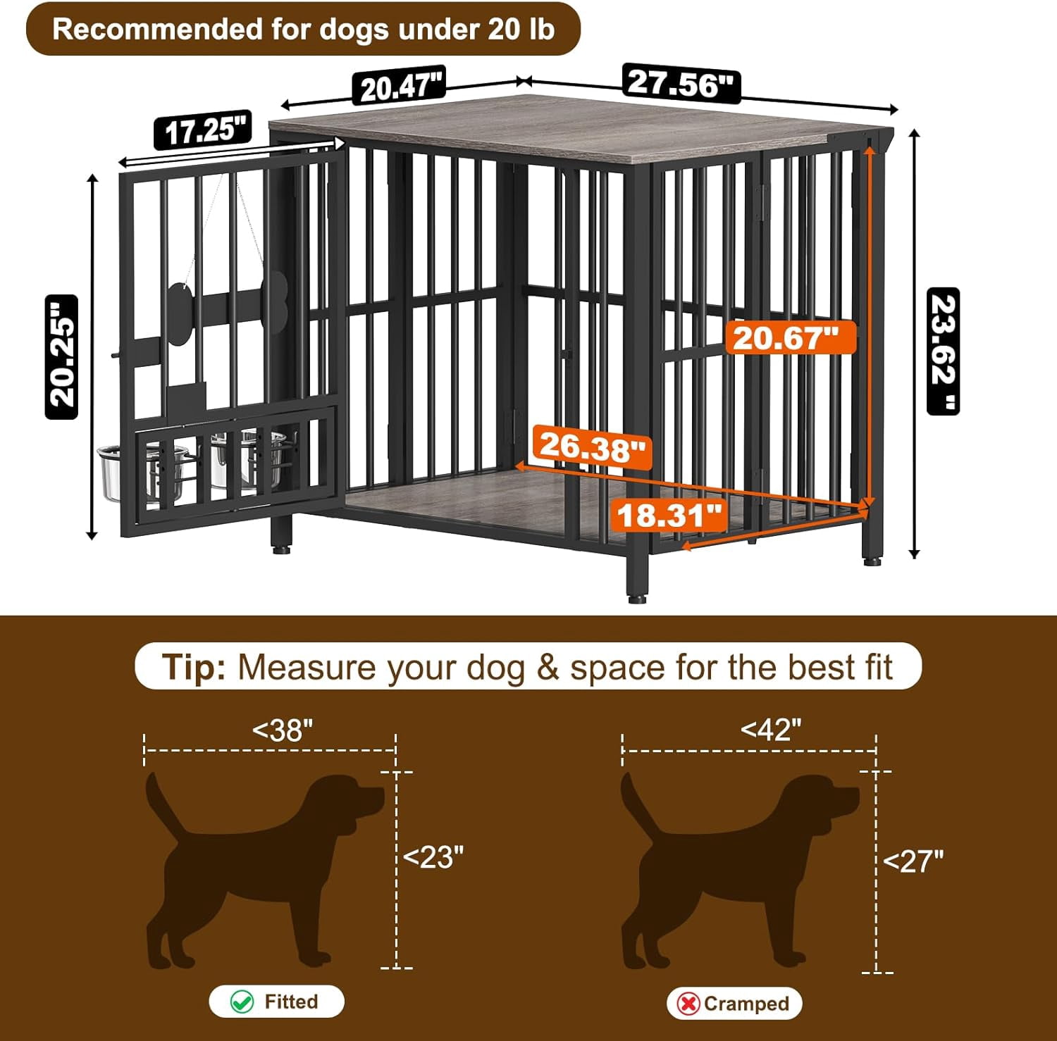 POAO 27"Dog Crate Furniture Foldable, No Assembly Dog Kennel Indoor for Small Dog(Under 20 lb), Dog Cage with Adjustable Bowls &Name Tag, End Table