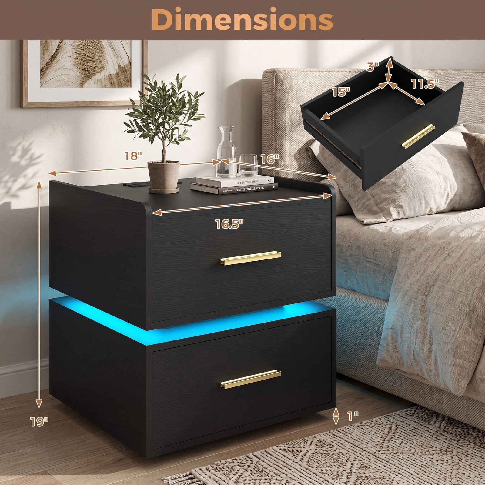 Furnibear LED Nightstand with Charging Station and 2 Storage Drawers, RGB Bedside Table with Semi-floating Design for Bedroom, Black