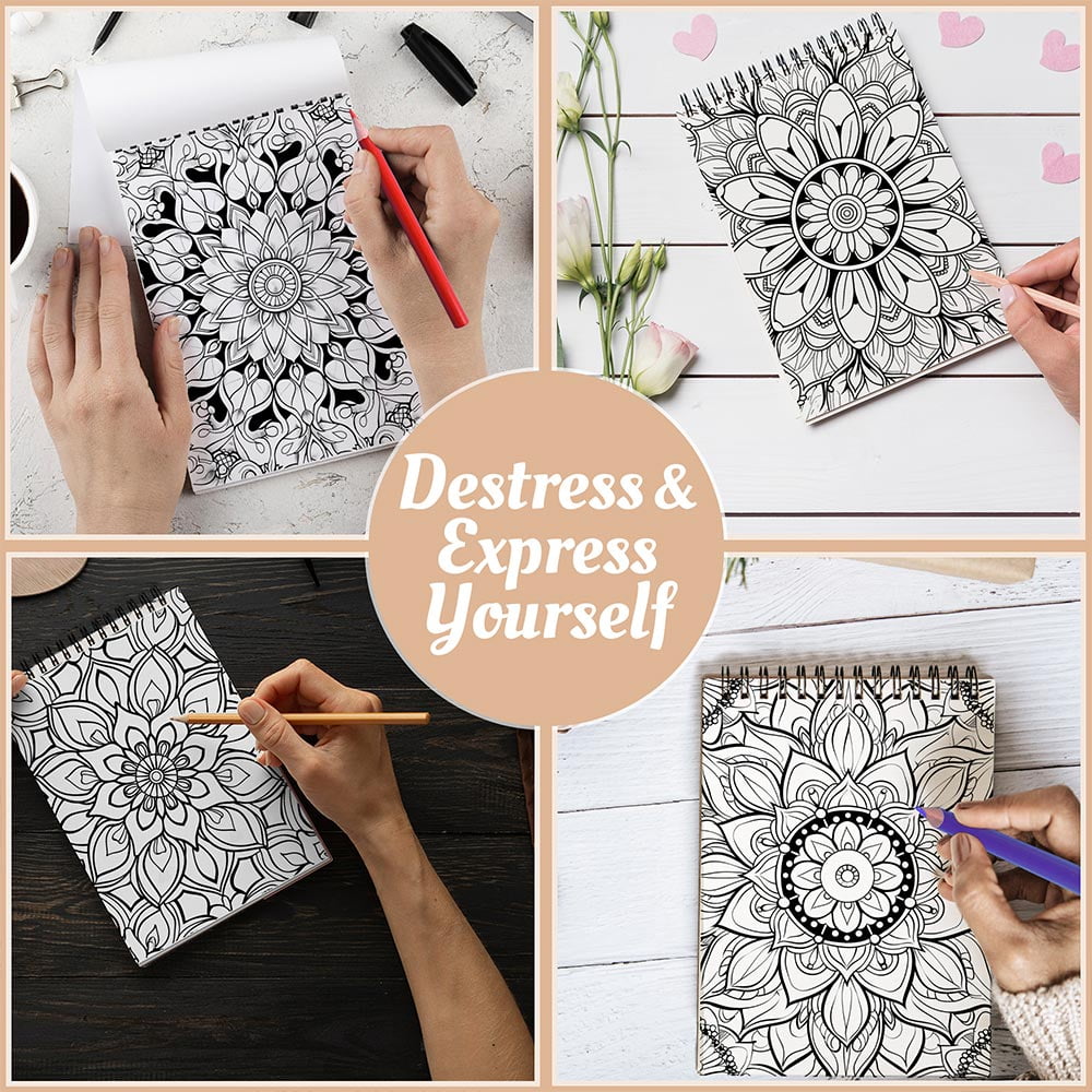 Netecom Relaxing Mandala Patterns Coloring Book Spiral Bound For Adults, A5 Wooden Cover, 30 Beautiful Coloring Pages of Floral Mandalas for Stress Relief and Relaxation