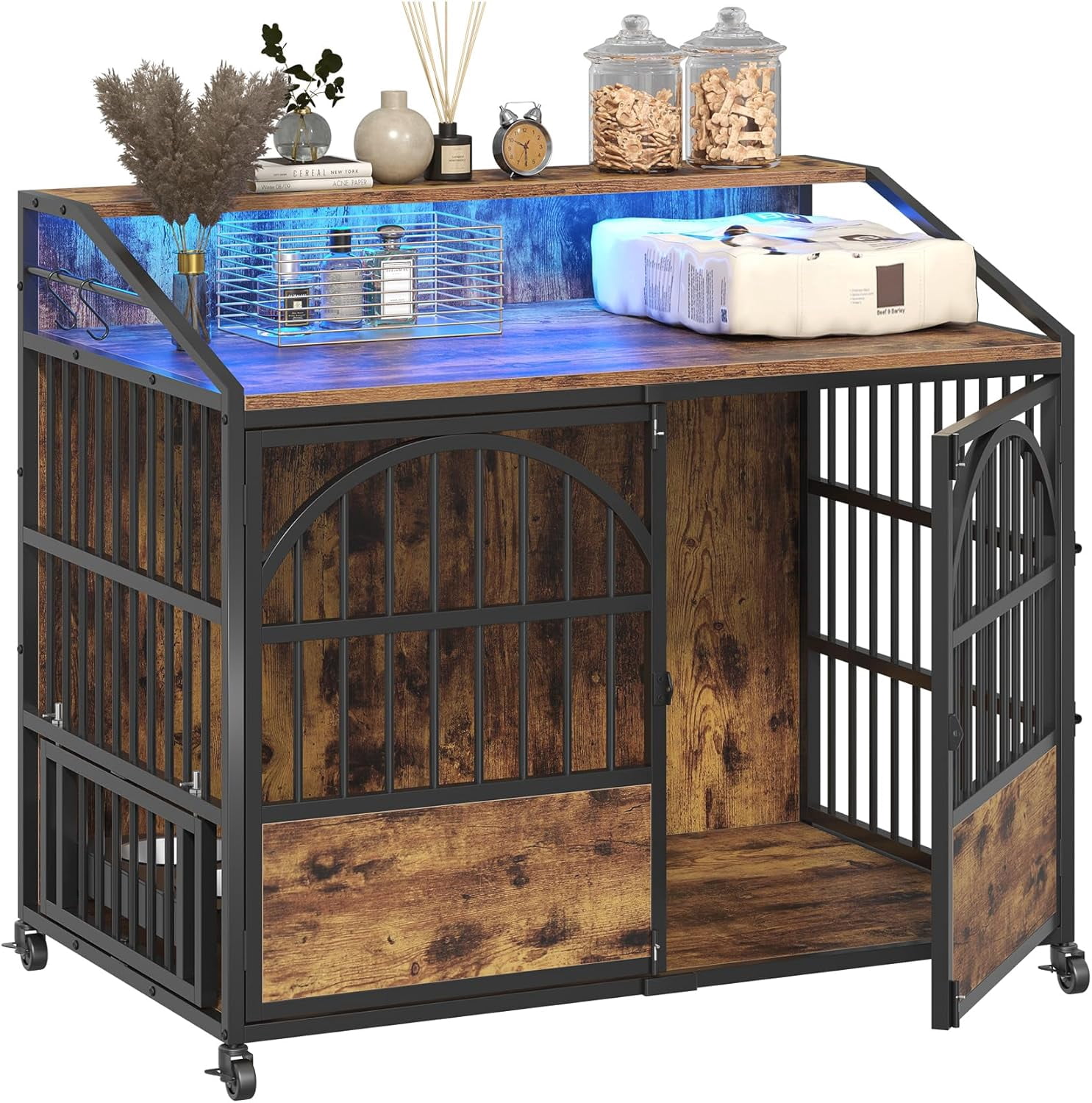 HAUXITIO 44" Heavy-Duty Dog Crate Furniture with 3 Doors, Locking Wheels & LED Light, Wood End Table Kennel for Large Dogs, 44.1"L x 26.8"W x 37.8"H