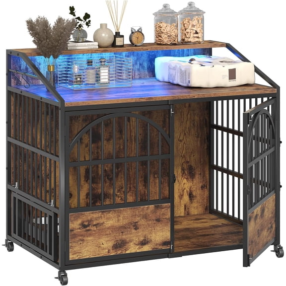 Winkalon Dog Crate Furniture with Led Lights,Heavy Duty Wooden Dog Kennel with Double Doors,Dog House Indoor for Small Medium Dogs,End Table with Shelves,Black and Brown