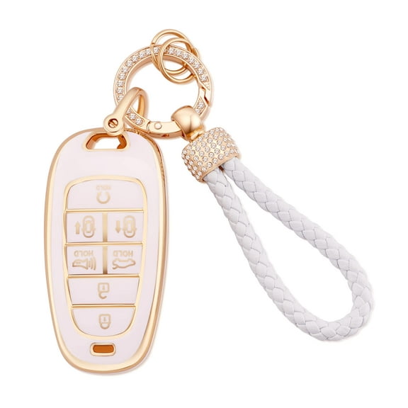 for Hyundai Key Fob Cover with Leather Key Fob Keychain, Soft TPU Key Fob Case Protector Full Covers Fit for Hyundai Tucson Sonata Nexo 7 Buttons Keyless Entry Smart Key Black Gold