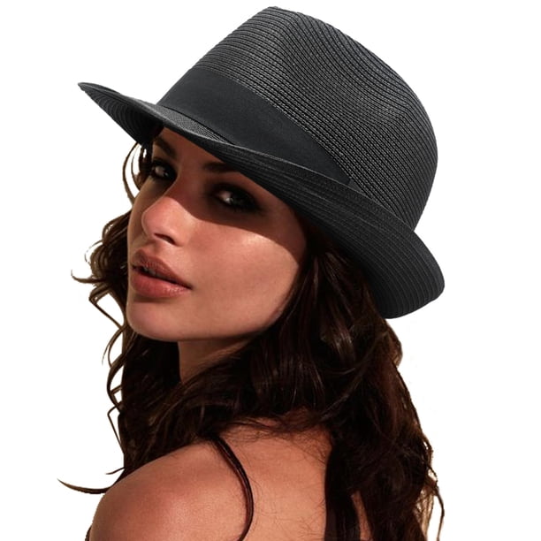 DRESHOW Sombrero panamá de paja para mujer, sombrero de viaje Fedora para playa, sombrero para el sol, sombrero enrollable de paja de ala ancha UPF 50+