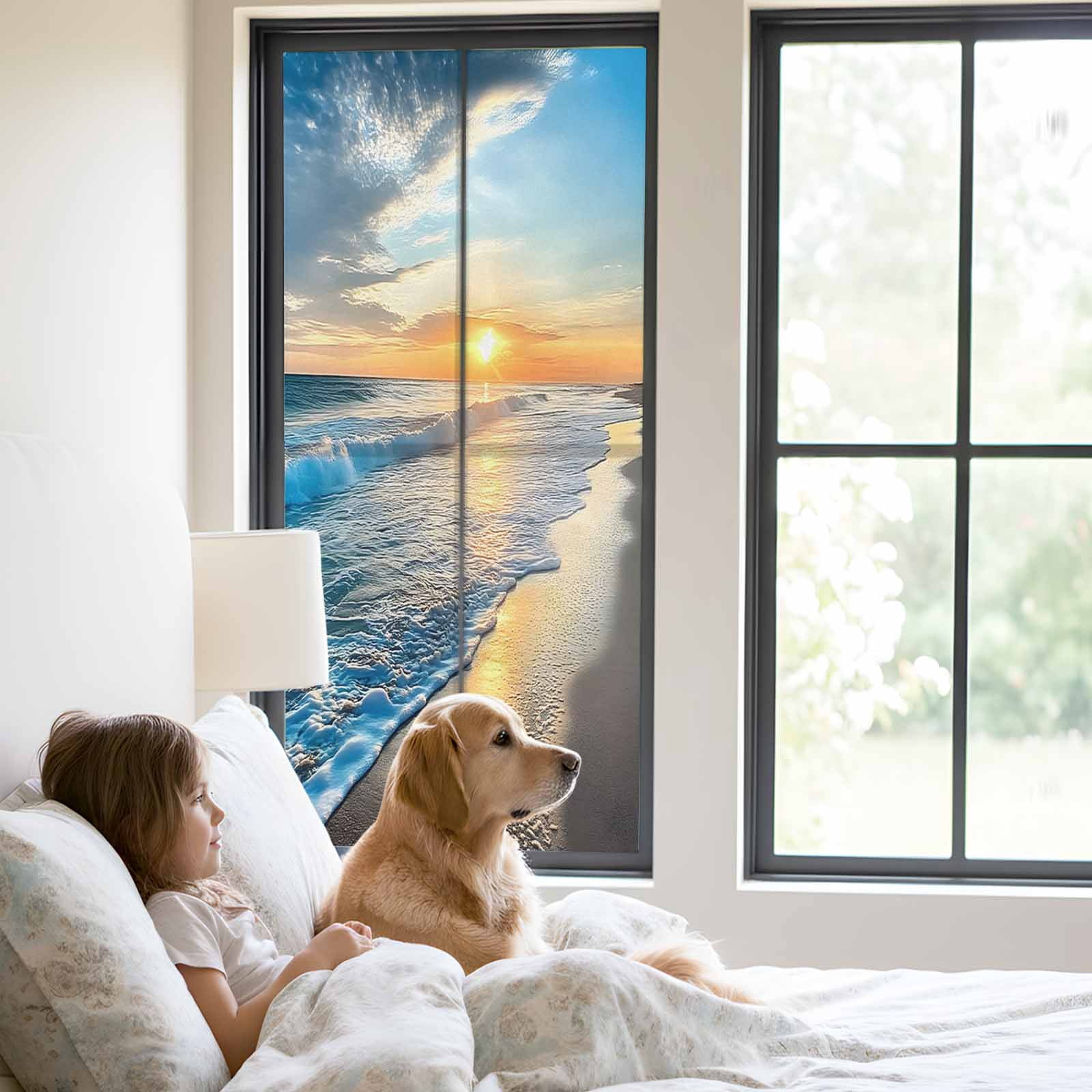 Sunset Beach Privacy Window Film, Decorative Frosted Glass Window Film, Spray Ocean Waves Sky Nature Scenery Reusable Peel and Stick Static Cling for Home Bathroom Office Glass Door 23.6"x59"