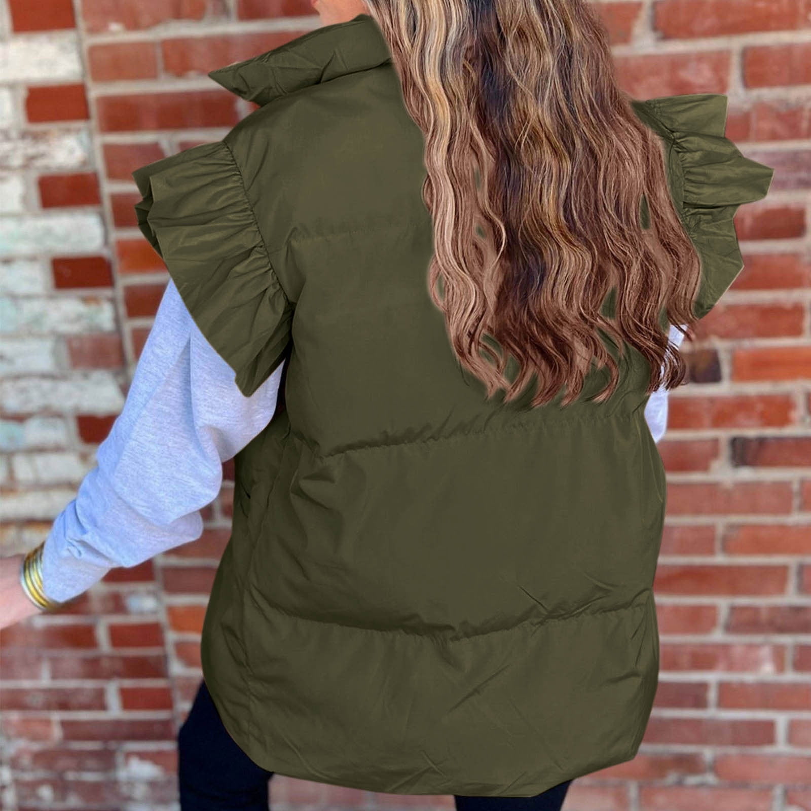 Lenpel Women's Padded Vests Button down Ruffle Sleeveless Puffer Jackets Lightweight Winter Coat with Pockets