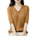 thumbnail image 2 of BRDFRL Women Summer Knit Shirt Blouse V Neck Short Sleeve Pullover Sweater Tops Camel L, 2 of 5