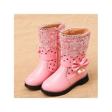 

UKAP Kids Walking Non-Slip High Top Winter Boots Girl Indoor Casual Snow Boot Comfort Bowknot Short Bootie Pink 2.5Y