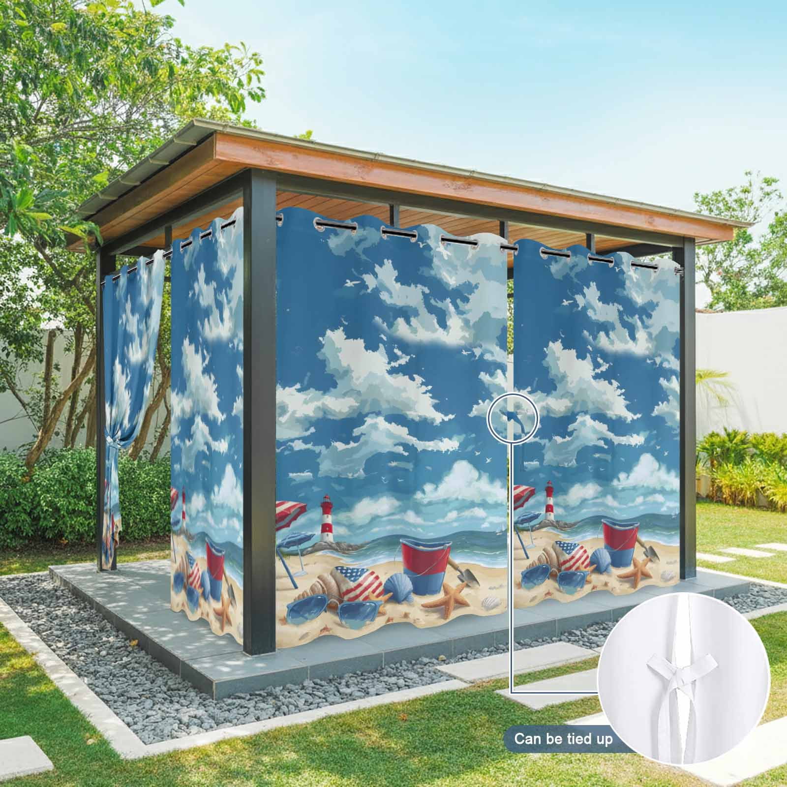 Summer Beach Outdoor Curtains for Patio, Ocean Blue Sky Shell Umbrella Sea Star Sunshade Privacy Drapes Grommet Waterproof Outside Curtains for Porch/Cabana/Balcony 54"x 108", 1 Panel