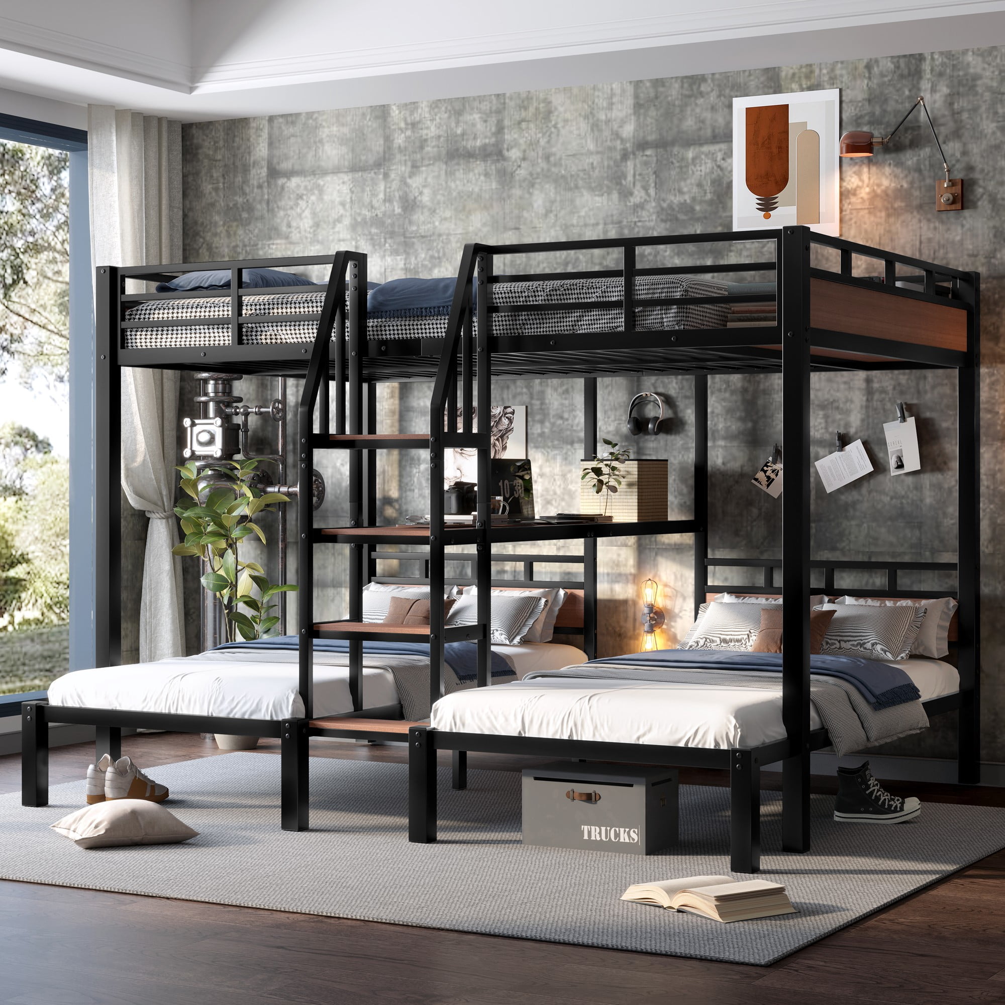Aukfa Triple Bunk Bed with Storage Shelves & Stairs, Queen over Twin over Twin Metal Bunk Bed for 3, Space-Saving Heavy Duty Bed Frame, Black