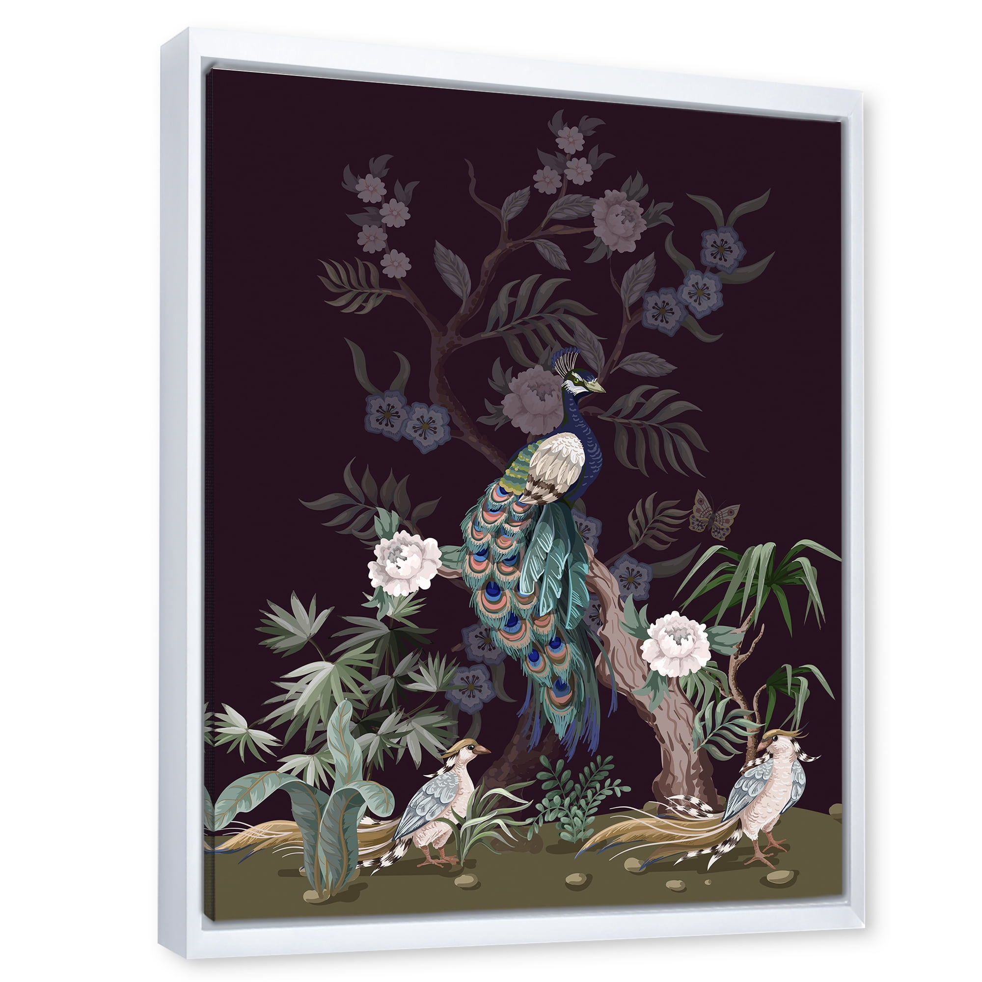 Designart 'Chinoiserie With Peonies and Birds V' Traditional Framed Canvas Wall Art Print
