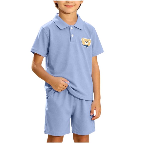 TKKCS Kids Boys Bear Embroidery 2 Piece Outfit Set- Pull On Short Sleeve Lapel Polo Shirt and Elastic Waist Shorts Lightweight Daily Casual Summer Suit for 0-8 Years Sky Blue Size 2-3Y