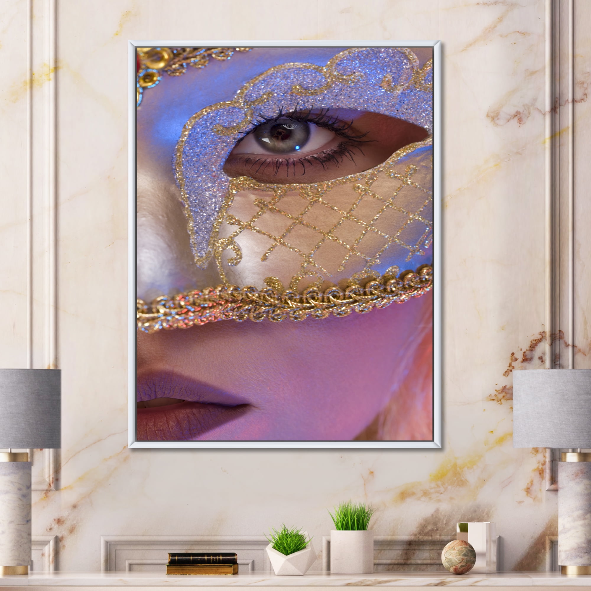 Designart 'Venetian Mask On Female Face' Modern Framed Canvas Wall Art Print