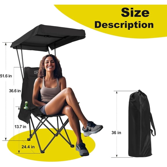 Portable Camping Chair Beach Chair with Shade Canopy, Fold Lightweight Oversized for All, Easy to Open, Close Without Installation, Side Pocket Design for All Outdoor Activities, Black, 2p