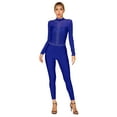 thumbnail image 3 of YiZYiF Womens Shiny Rhinestone Ice Skating Bodysuit Mesh Patchwork Gymnastics Jumpsuit Long Sleeve Biketard Royal Blue L, 3 of 7