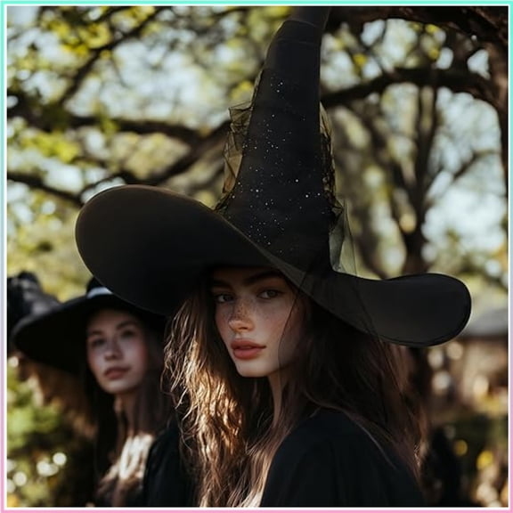 Oversized Flocked Witch Hat With Star Tulle Trim Soft Felt Pointed Wizard Hat Halloween Carnival Dress Up Photo Prop For Adults One Size