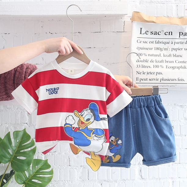 Verano bebé Donald pato ropa trajes niño bebé niñas niños dibujos animados Margarita rayas camiseta + pantalones cortos de mezclilla conjuntos niños ropa 5 Gao Jinjia LED