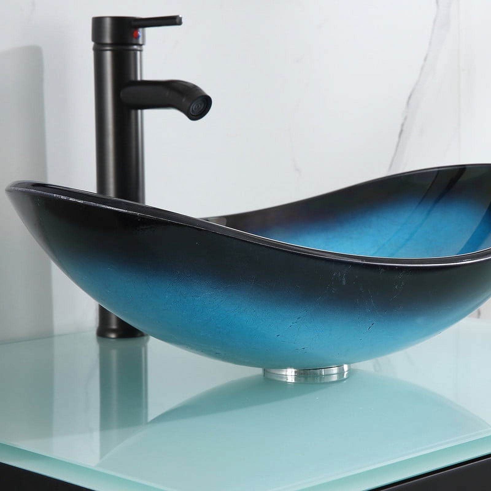 Walsport 24" Luxurious Bathroom Vanity with Blue Tempered Glass Vessel Sink Bowl and Countertop and Mirror and Faucet,Stand Floor Cabinet Bathroom Storage Vanity with Pop Up Drain,Black