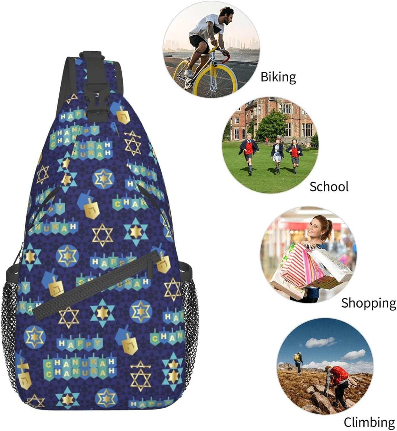 Happy Hanukkah Jewish Chanukah Holiday Sling Bag Crossbody Hiking Travel Chest Bags Backpack Shoulder Daypack for Women Men