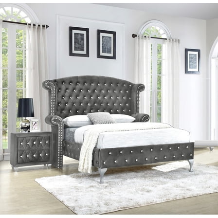 Modern 3Pc Queen Size Bed Nightstands Set Master Bedroom Furniture Gray Velvet Upholstery