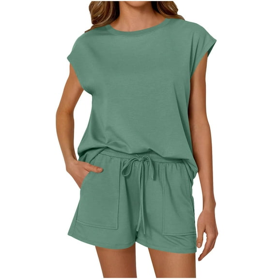 Tumotour Summer 2 Piece Sets For Women Casual 2025 Summer Travel Vacation Matching Outfits Round Neck Short Sleeve Tops And Elastic Waist Shorts Lounge Set