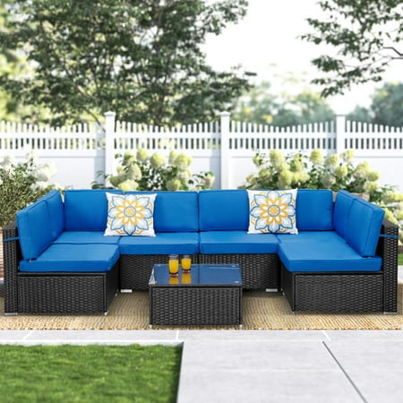 Superjoe 7 Pcs Patio Wicker Sectional Sofa Set Outdoor Conversation Set Black Rattan with Blue Cushions