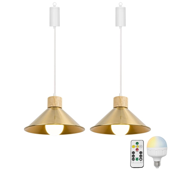 KAYYELAMP 2Pcs Rechargeable Battery Adjusted Height Hanging Light Remote LED Dimmer Timing Bulb Log Wood Base Gold Shade Retro Design for Bedroom Kitchen Farmhouse
