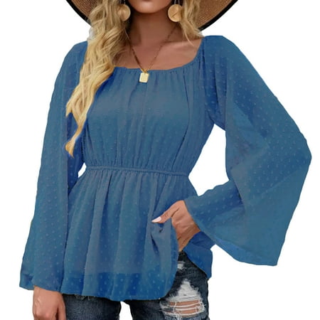

Lu s Chic Women s Long Sleeve Top Dressy Square Neck High Waist Blouse Bell Sleeve Maternity Swing Fall Shirt Blue Medium