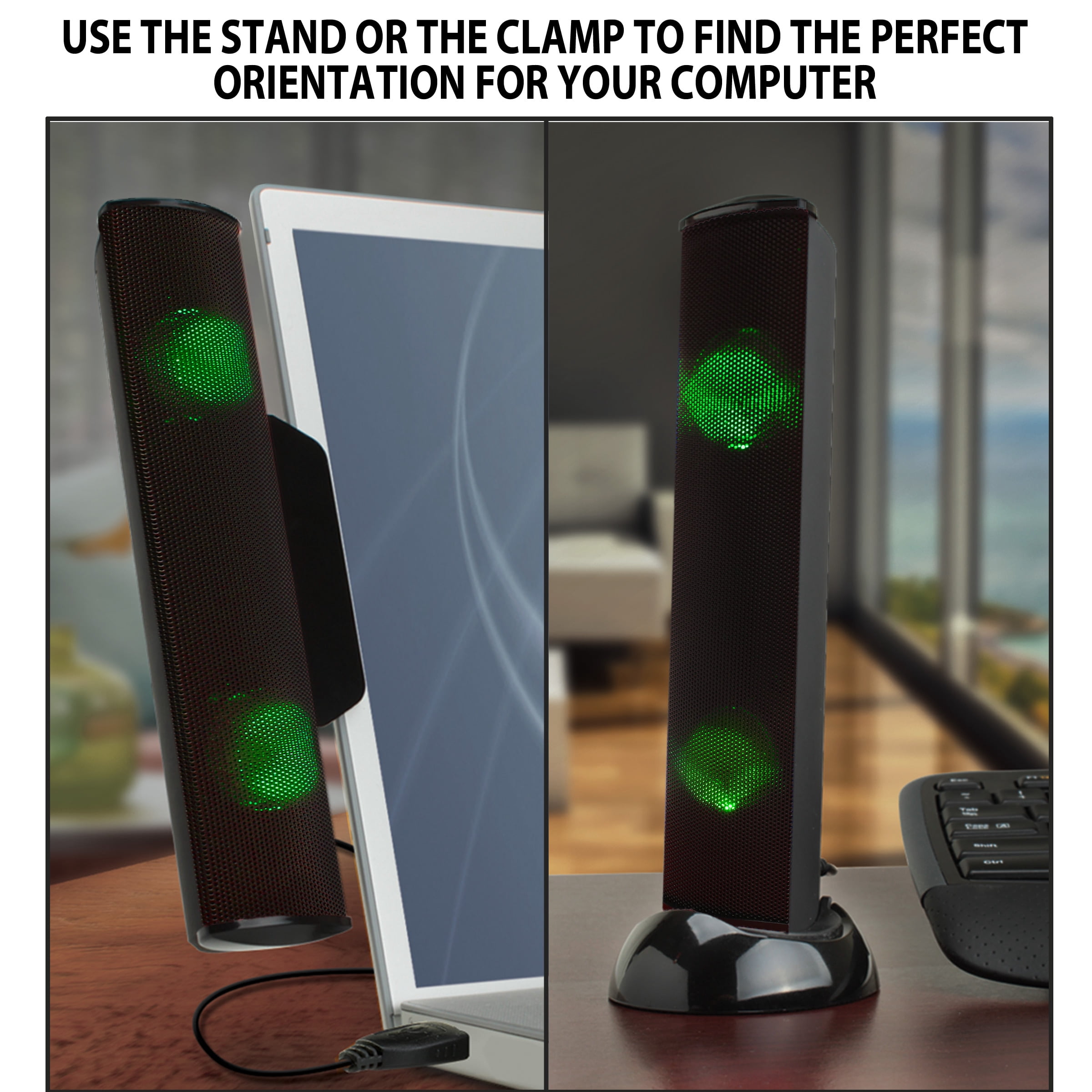 GOgroove SonaVERSE LED Speaker for Laptop Computer - USB Powered Clip-on Sound Bar with Mini Portable External Speaker Design for Monitor, Back Switch for Power - Audio Input and Power (Green)
