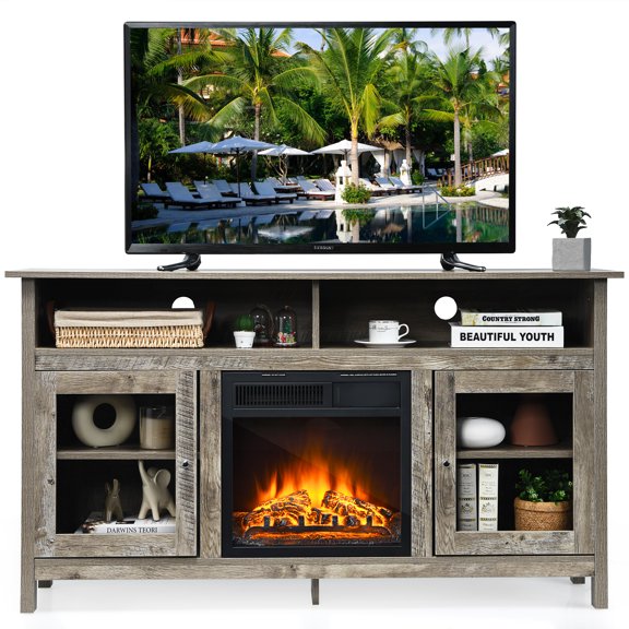 Topbuy 58" Fireplace TV Stand Media Console Table with 18" 1500W Electric Fireplace Grey
