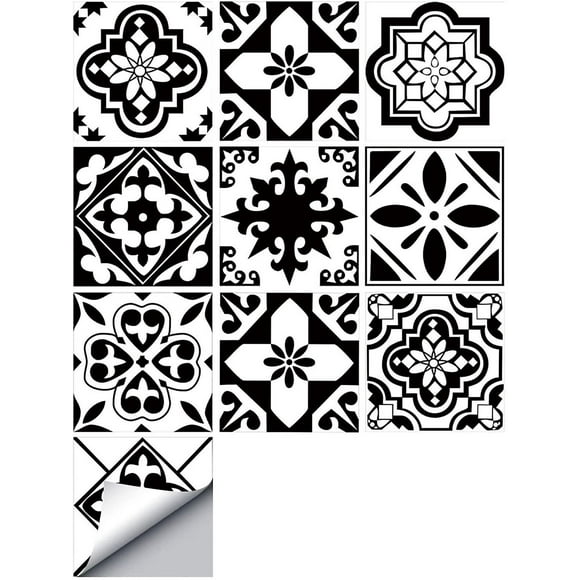 10 Pieces Tile Stickers 15x15cm Classic Black And White Moroccan Tile Adhesive