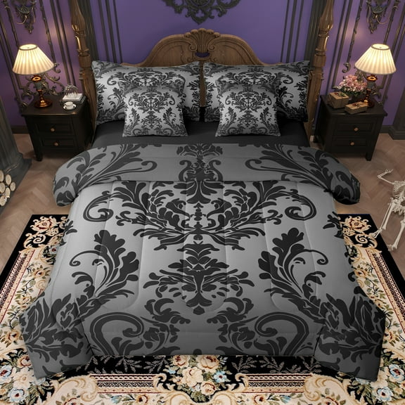 Manfei Black Grey Damask 7-Piece Twin Bedding Sets for Adult, Bohemian Flower Floral Bedding Comforter Set, Hippie Mandala Style Reversible Sheet Sets, Lightweight Room Decor