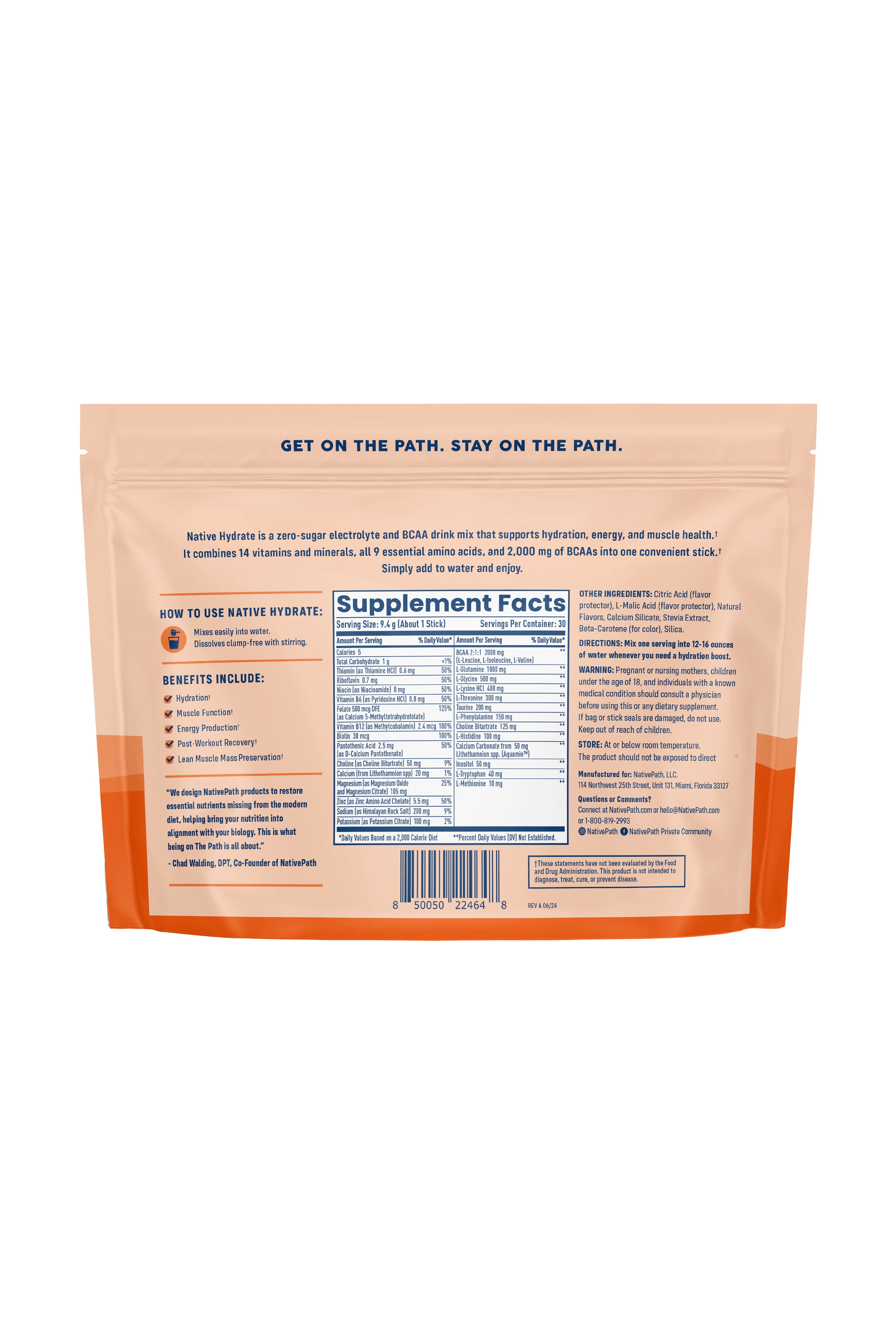 NativePath Hydrate Electrolyte Stick Packs, Peach Mango, Zero Sugar with BCAAs, 30 Count