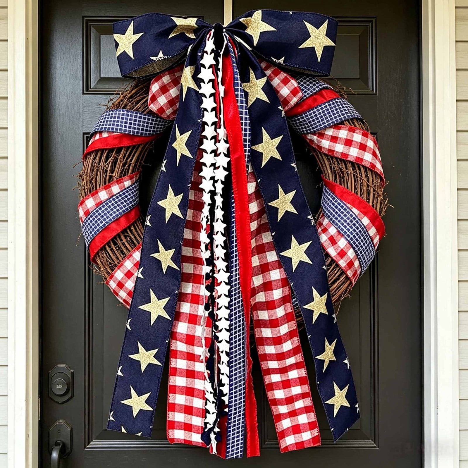 Seyotauo Large Patriotic Ribbon Bow, 4th of July Red White and Blue Bows Clip-On Star Sash Patriotic Wreaths for Front Door Indoor Outdoor Memorial Day Decoration, for Patriotic Indoor Outdoor Decor