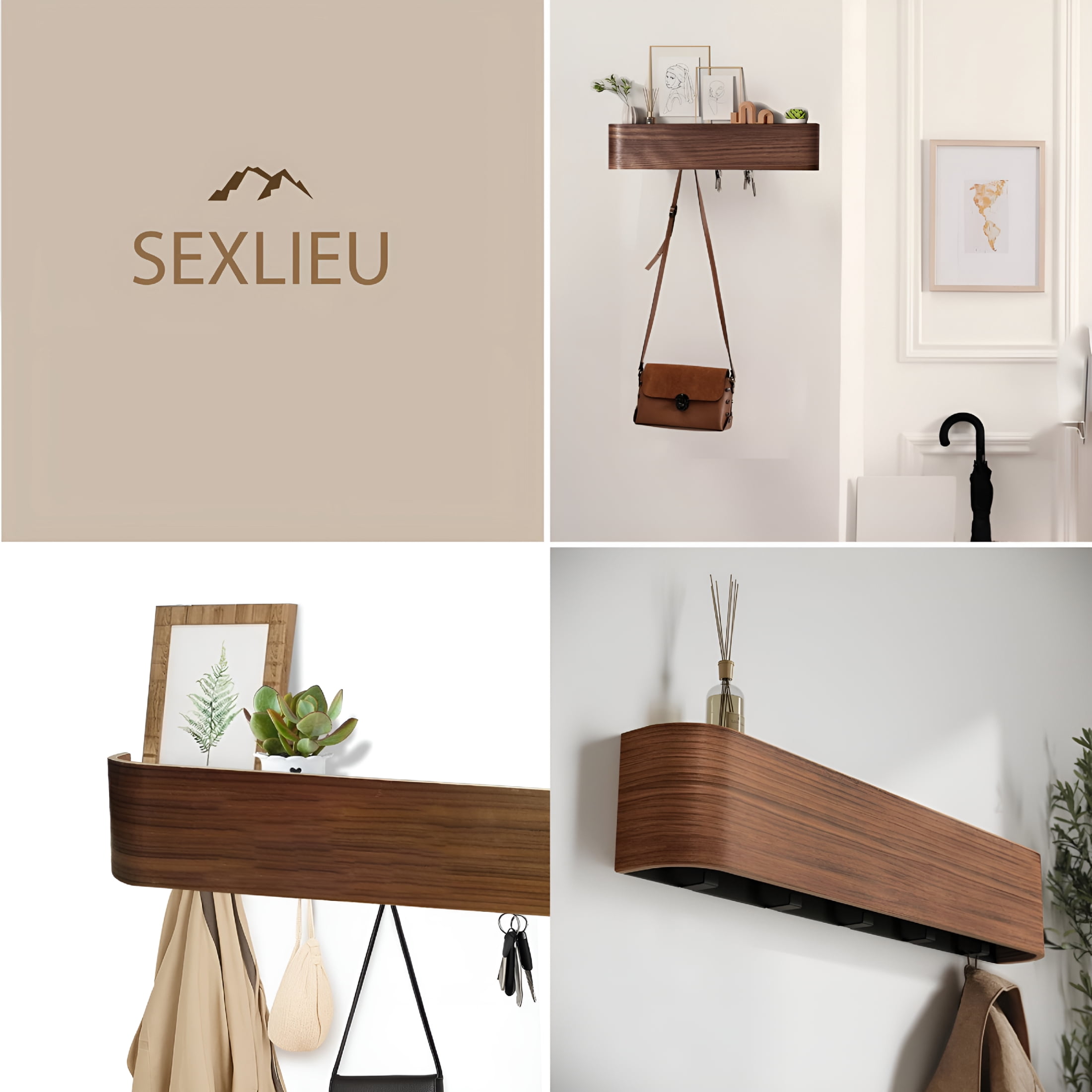 XIBUFE Wall-Mounted Coat Rack – Floating Wood Shelf with Hidden Hooks – Modern Entryway Organizer for Hallway or Closet (Walnut)