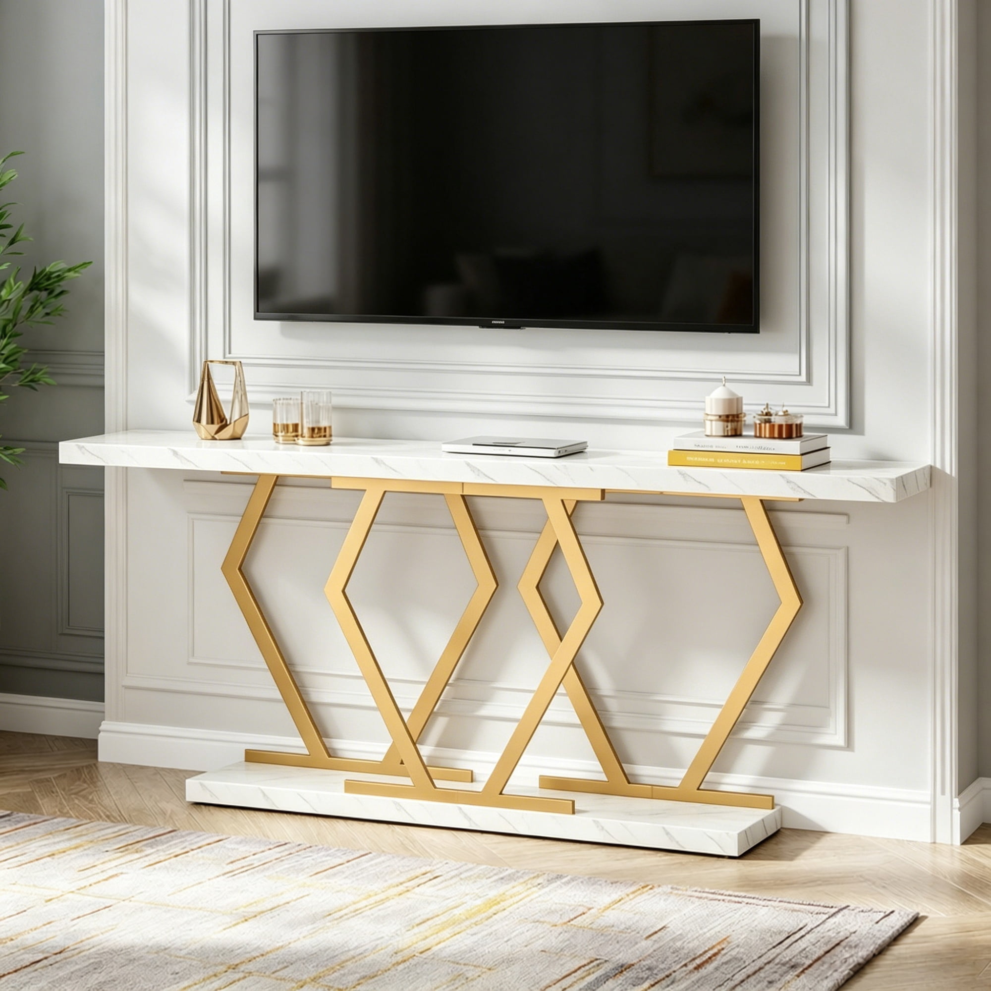 Long Console Table, 70.9 in Faux Marble White with Gold Metal Frame, Modern Accent Table for Living Room, Hallway, TV Stand