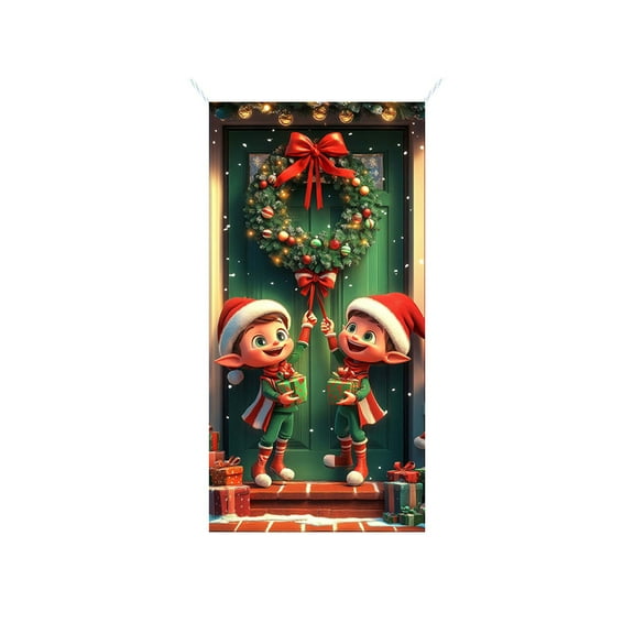 Beautynvta Christmas Door Cover, 35x71 Inch, Christmas Wreath Door Hanging and Little Peoples Pattern, Holiday Hanging Banner for Front Door Outdoor Indoor Decorations