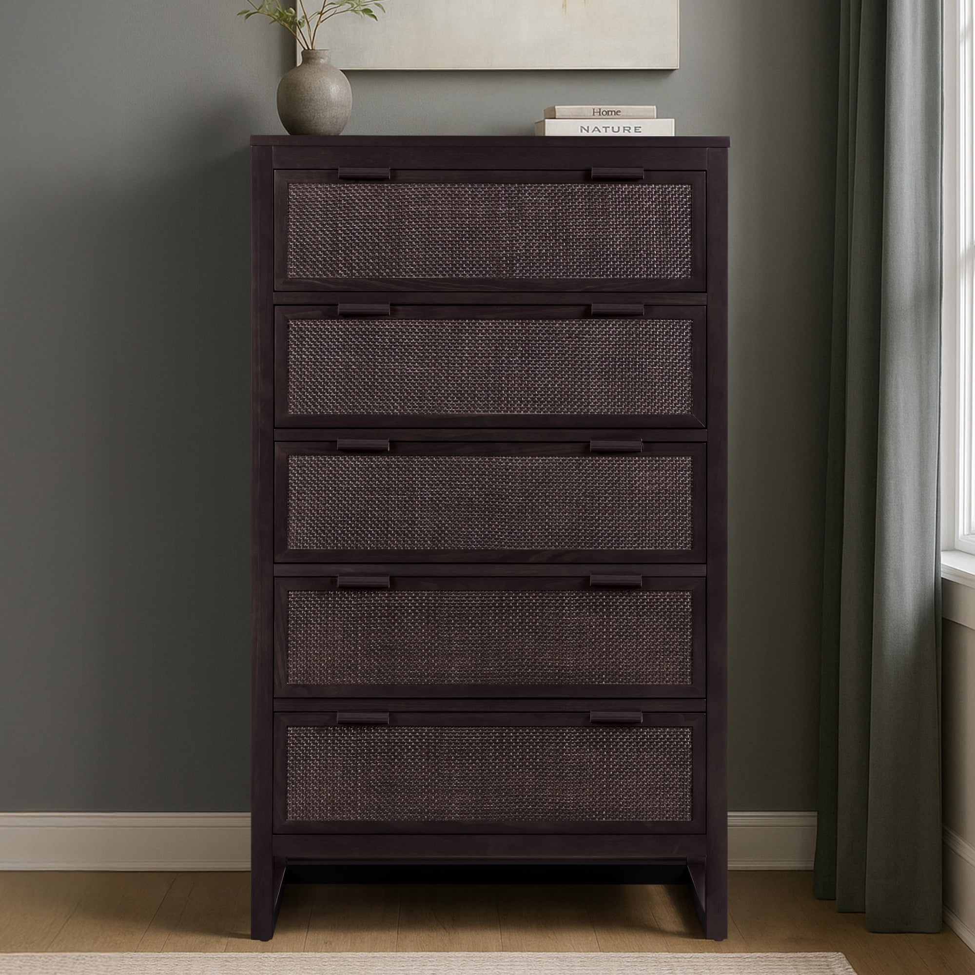 Hatteras Dresser with 5 Rattan Inlay Drawers, Espresso – Teamson Home: Wide & Deep Storage with Coastal Modern Style