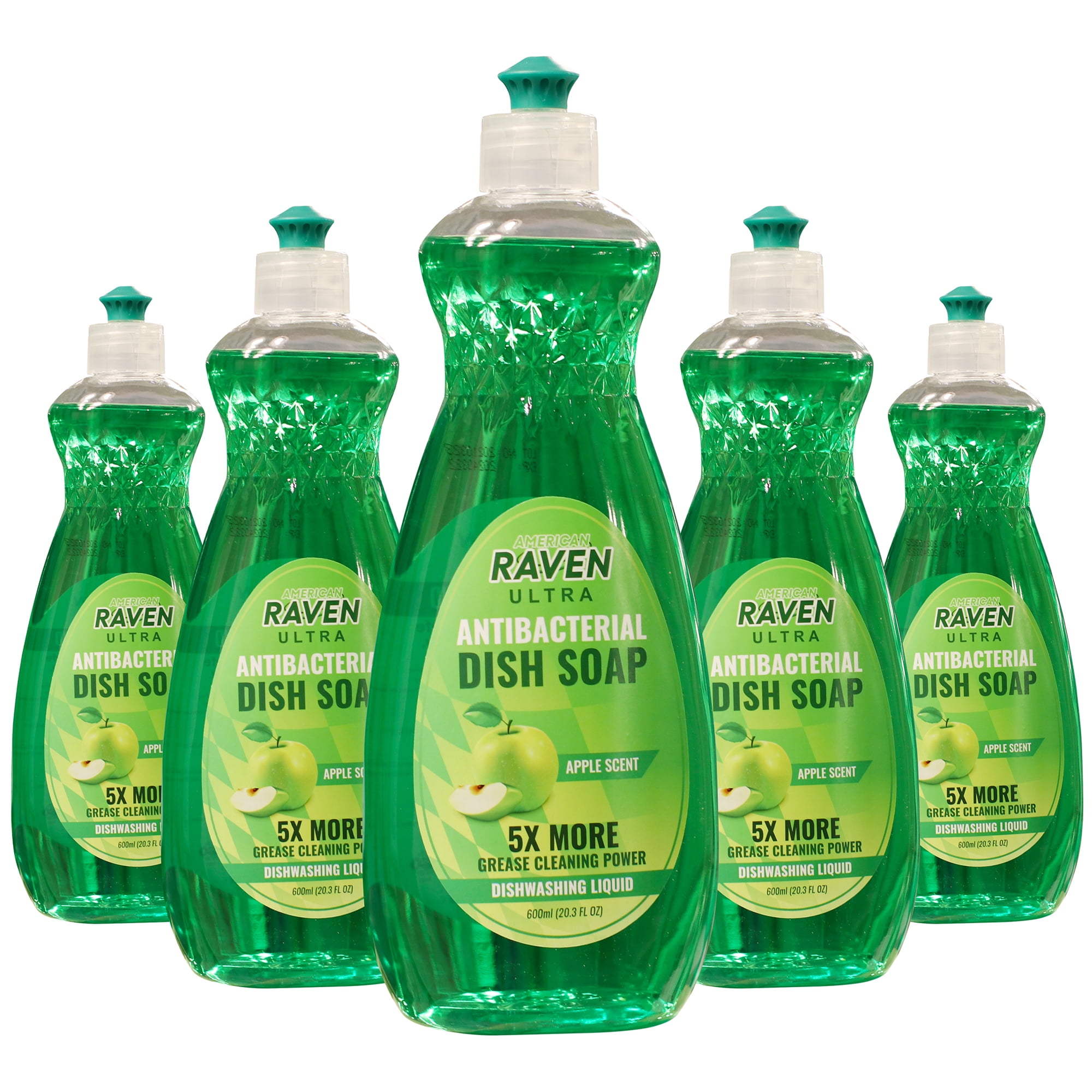 AMERICAN RAVEN Platinum Antibacterial Ultra Dish Detergent (Pack of 5 + 2 Bonus Scrub Pads, Apple Scent) Triple Action Degreasing Dishwashing Liquid Dish Soap, 20.3 fl oz