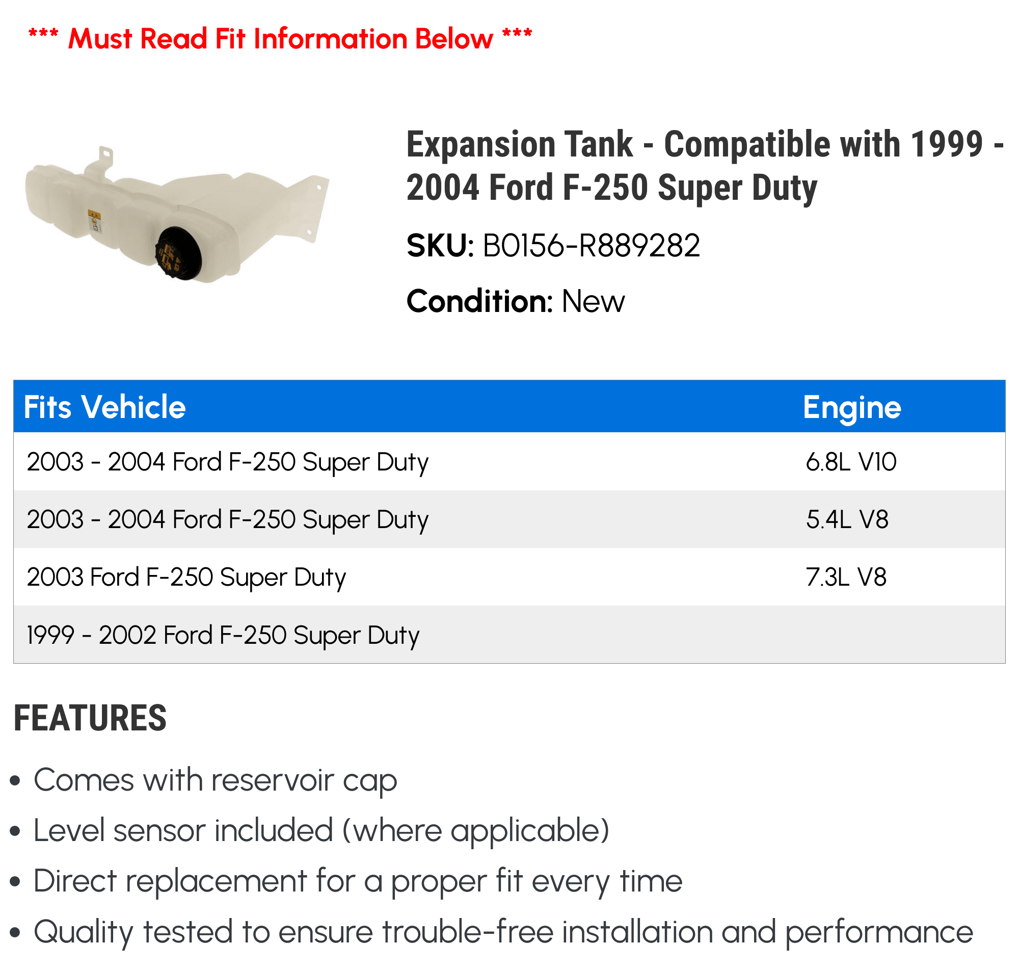 Expansion Tank - Compatible with 1999 - 2004 Ford F-250 Super Duty 2000 2001 2002 2003