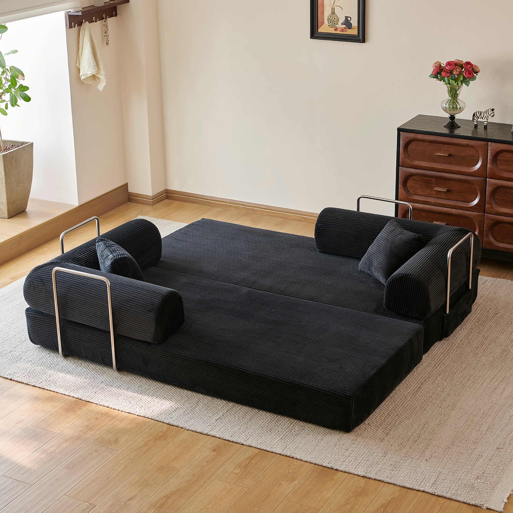 Howcool 79" Boneless Sleeper Sofa Bed, 2-in-1 Pull Out Convertible Loveseat Couch with 2 Throw Pillows, Corduroy Futon Floor Sofa for Living Room, No Assembly Required, Black
