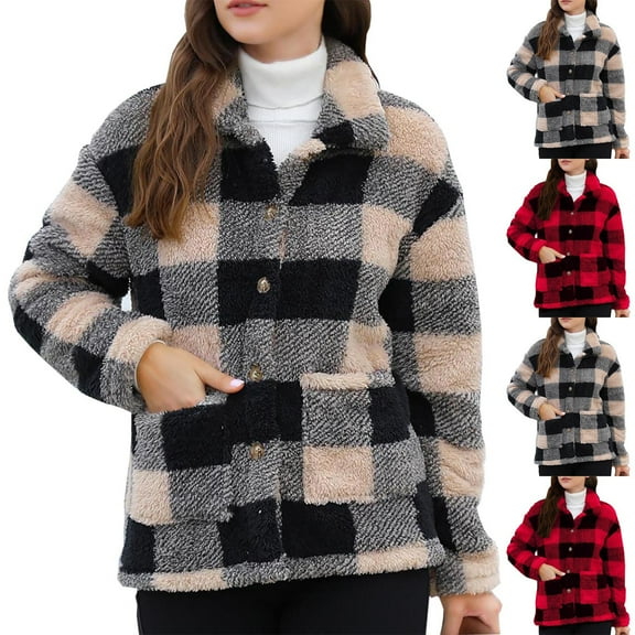 Antinious Ladies Plaid Hooded Zipper Jacket Warm Long Sleeve Casual Sweater Outerwear Coat,Women Trench Coat,Womens Jackets Trendy,Khaki,M